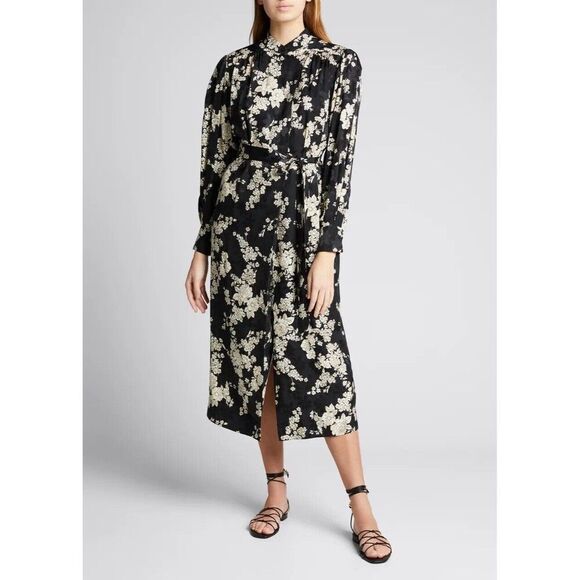 REBECCA TAYLOR Gabrielle Long-Sleeve Floral-Print Dress Size Small Black - Picture 1 of 7
